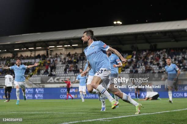 Francesco Acerbi of SS Lazio celebrates after scoring a goal during the Serie A match between Spezia Calcio and SS Lazio at Stadio Alberto Picco on...