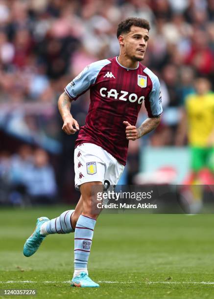 Philippe Coutinho of Aston Villa during the Premier League match between Aston Villa and Norwich City at Villa Park on April 30, 2022 in Birmingham,...