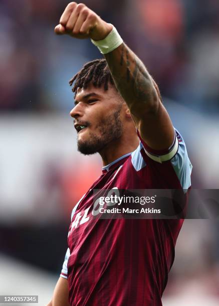 Tyrone Mings of Aston Villa celebrates after the Premier League match between Aston Villa and Norwich City at Villa Park on April 30, 2022 in...