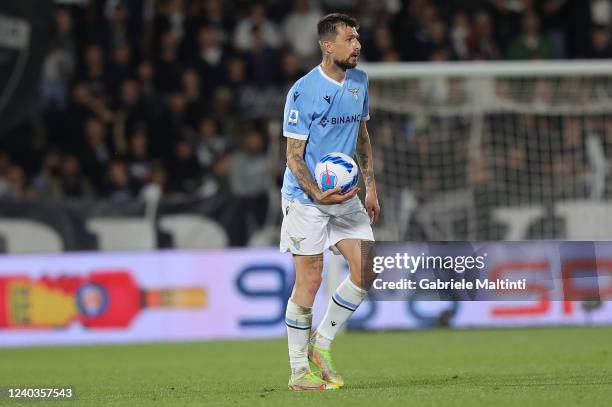 Francesco Acerbi of SS Lazio looks on during the Serie A match between Spezia Calcio and SS Lazio at Stadio Alberto Picco on April 30, 2022 in La...