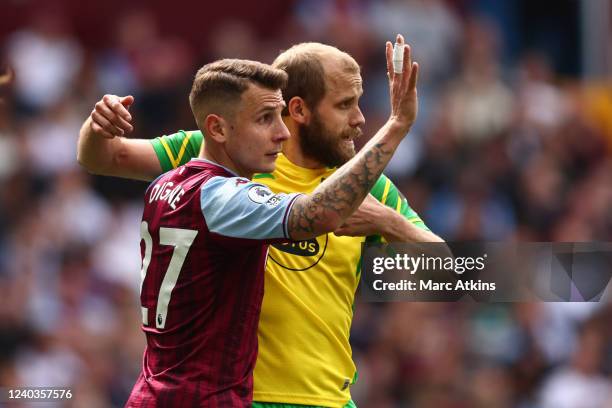 Lucas Digne of Aston Villa in action with Teemu Pukki of Norwich City during the Premier League match between Aston Villa and Norwich City at Villa...