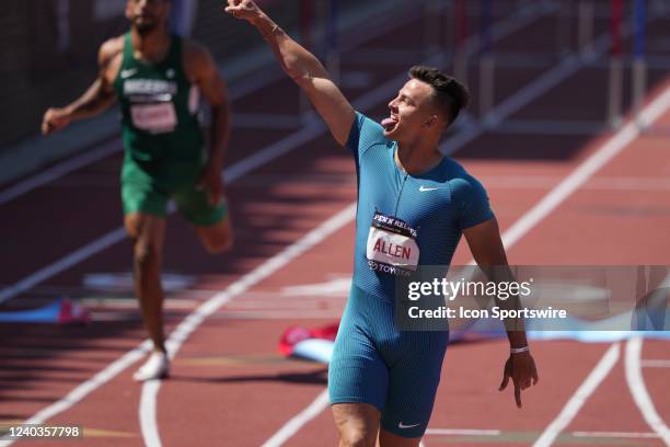 Devon Allen wins the mens 100 Hurdle elite race during the 126th running of the Penn Relays on April 30, 2022 at Franklin Field in Philadelphia, PA.