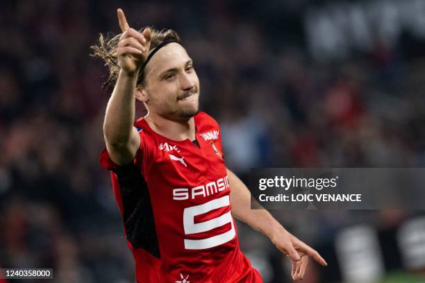 Rennes' French midfielder Lovro Majer celebrates after scoring his team's second goal during the French L1 football match between Stade Rennais FC...