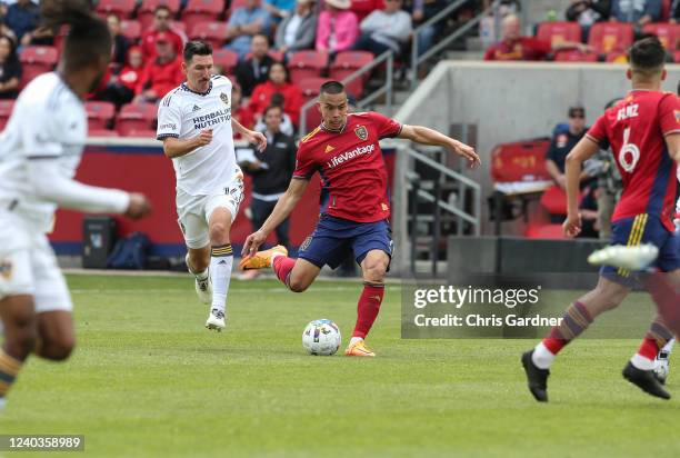 Bobby Wood of Real Salt Lake pushes the ball up the field against the Los Angeles Galaxy during the second half of their game April 30, 2022 at the...