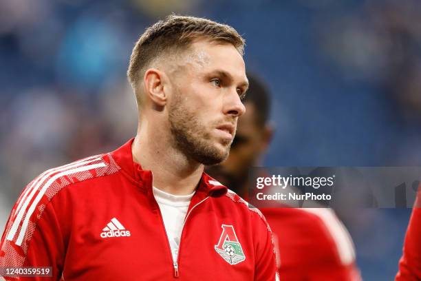 Maciej Rybus of Lokomotiv Moscow looks on during the warm-up ahead of the Russian Premier League match between FC Zenit Saint Petersburg and FC...