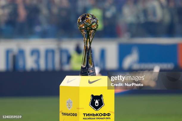 The champions trophy is seen ahead of the prize-giving ceremony after the Russian Premier League match between FC Zenit Saint Petersburg and FC...