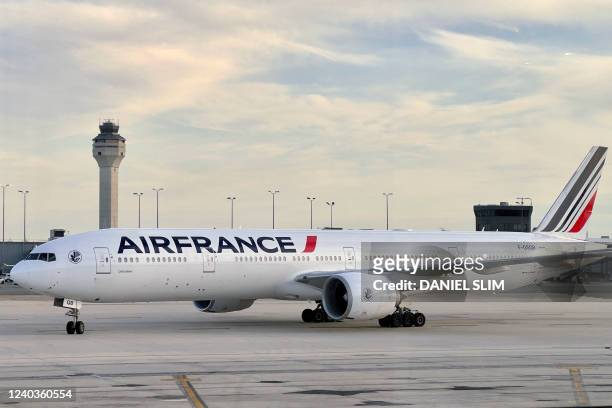 An Air France Boeing 777-328ER is seen at Dulles International Airport in Dulles, Virginia, on April 30, 2022.