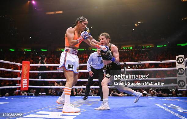 New York , United States - 30 April 2022; Katie Taylor, right, and Amanda Serrano during their undisputed world lightweight championship fight at...