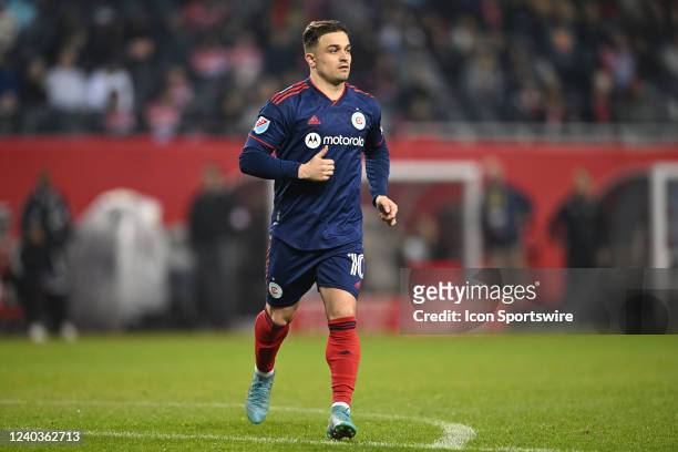 Chicago Fire midfielder Xherdan Shaqiri looks on in action during a game between the Chicago Fire and the New York Red Bulls on April 30, 2022 at...