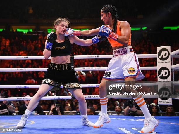 New York , United States - 30 April 2022; Katie Taylor, left, and Amanda Serrano during their undisputed world lightweight championship fight at...