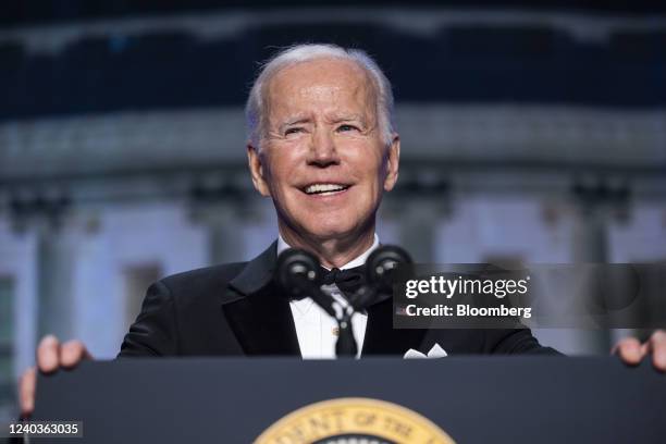 President Joe Biden speaks during the White House Correspondents' Association dinner in Washington, D.C., U.S., on Saturday, April 30, 2022. The...