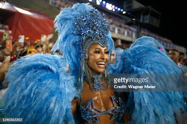 Queen of drums, Sabrina Sato of Unidos de Vila Isabel samba school during the Champions Parade on the last day of Rio de Janeiro 2022 Carnival at...