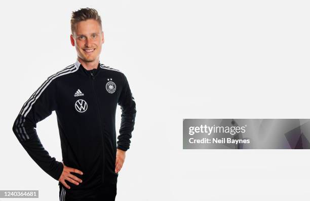 Jan Schroeder a DFB staff member of the German National U17 Girls Soccer Team poses during a portrait photoshoot on April 28, 2022 at the Hyatt Place...