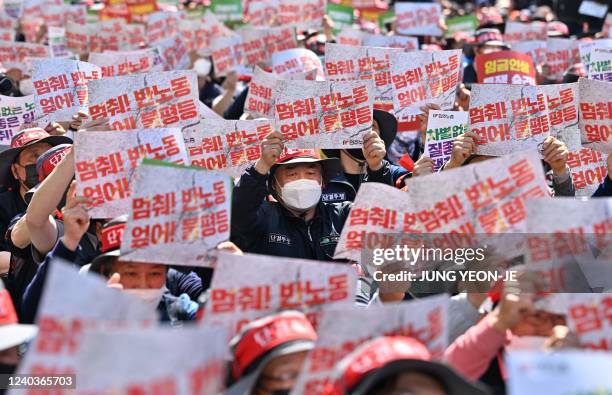 Members of the Korean Confederation of Trade Unions stage a May Day rally calling for improved working conditions and rights, in central Seoul on May...
