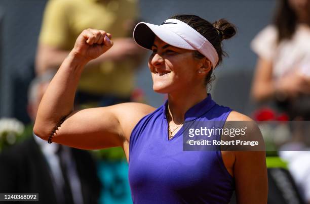 Bianca Andreescu of Canada celebrates defeating Danielle Collins of the United States in her second round match on Day 4 of the Mutua Madrid Open at...