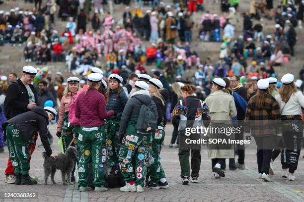 People seen gathering at the Senate square as they celebrate Vappu holiday. Vappu is a Finnish holiday celebrated on May 1st and marks the end of...