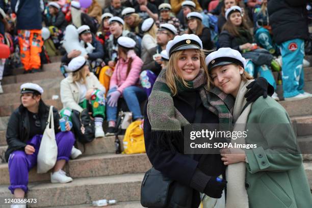 People seen gathering at the Senate square as they celebrate Vappu holiday. Vappu is a Finnish holiday celebrated on May 1st and marks the end of...