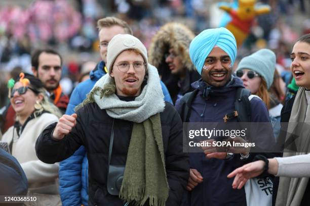 People seen gathering at the Senate square as they celebrate Vappu holiday. Vappu is a Finnish holiday celebrated on May 1st and marks the end of...