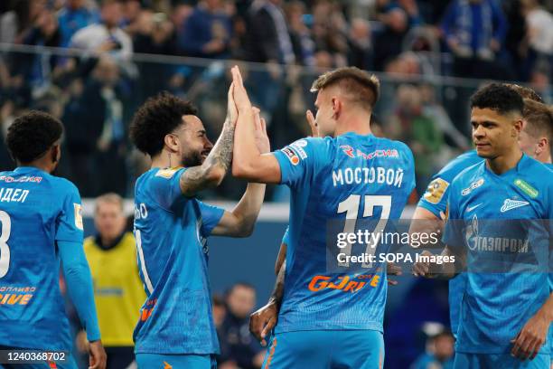 Claudio Luis Rodriguez Parisi Leonel, commonly known as Claudinho , Andrei Mostovoy of Zenit seen during the Russian Premier League football match...