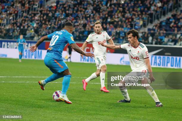 Malcom Filipe Silva de Oliveira, commonly known as Malcom of Zenit and Artem Karpukas of Lokomotiv seen during the Russian Premier League football...