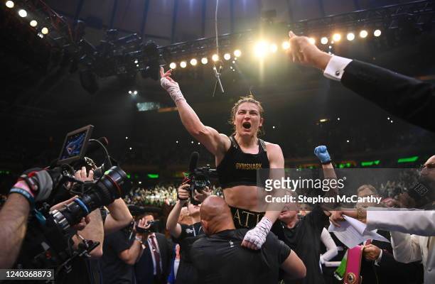 New York , United States - 30 April 2022; Katie Taylor celebrates her undisputed world lightweight championship fight victory over Amanda Serrano at...