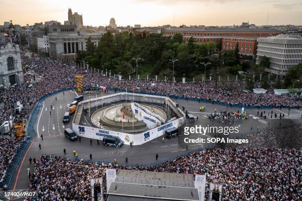 Thousands of Spanish football team Real Madrid fans celebrate the 2021/22 LaLiga Santander championship after achieving mathematically its 35th...