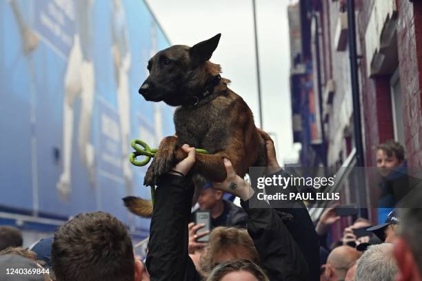 Dog is held high above the crowds as supporters gather outside the ground to welcome the arrival of the team coaches ahead of the English Premier...