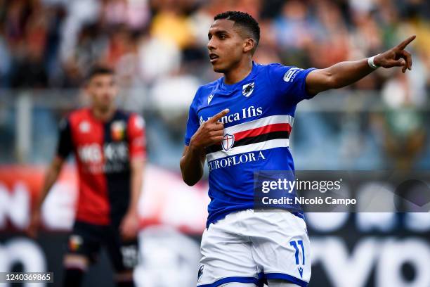 Abdelhamid Sabiri of UC Sampdoria celebrates after scoring a goal during the Serie A football match between UC Sampdoria and Genoa CFC. UC Sampdoria...