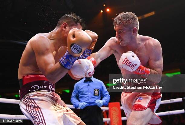 New York , United States - 30 April 2022; Liam Smith, right, and Jessie Vargas during their vacant WBO intercontinental junior middleweight title...