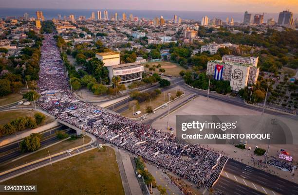 Aerial view showing people arriving at Havana's Revolution Square, on May 1 during May Day to mark the international day of the workers.