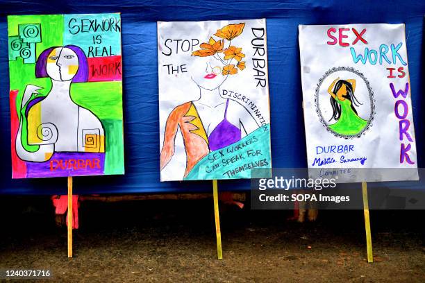 Placards in support of sex workers seen during the eve of International Labor Day. Sex workers of Sonagachi Kolkata, the Largest Red light area of...