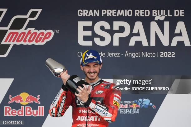 Ducati Italian rider Francesco Bagnaia celebrates with the trophy on the podium after winning the MotoGP race of the Spanish Grand Prix at the Jerez...