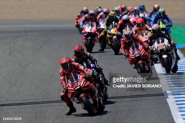 Ducati Italian rider Francesco Bagnaia and Yamaha French rider Fabio Quartararo compete in the MotoGP Spanish Grand Prix at the Jerez racetrack in...
