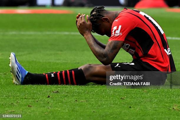 Milan's Portuguese forward Rafael Leao reacts after missing a shot during the Serie A football match between AC Milan and Fiorentina at Meazza...