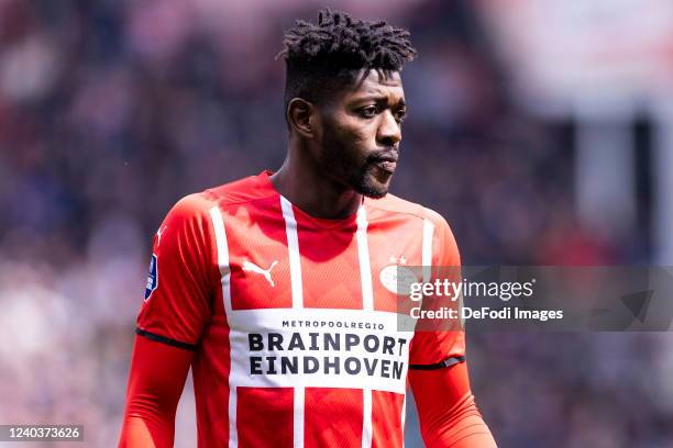 Ibrahim Sangare of PSV looks on during the Dutch Eredivisie match between PSV Eindhoven and Willem II at Philips Stadion on May 1, 2022 in Eindhoven,...