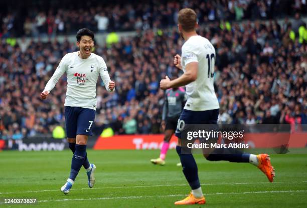Son Heung-min of Tottenham Hotspur celebrates scoring their 2nd goal with Harry Kane during the Premier League match between Tottenham Hotspur and...