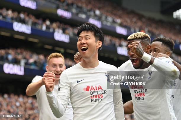 Tottenham Hotspur's South Korean striker Son Heung-Min celebrates after scoring his team third goal during the English Premier League football match...