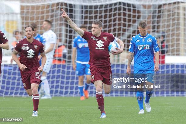 Andrea Belotti of Torino FC celebrates after scoring a goal during the Serie A match between Empoli FC and Torino FC at Stadio Carlo Castellani on...