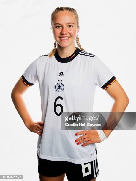 Mathilde Janzen of the German National U17 Girls Soccer Team poses during a portrait photoshoot on April 28, 2022 at the Hyatt Place Frankfurt...