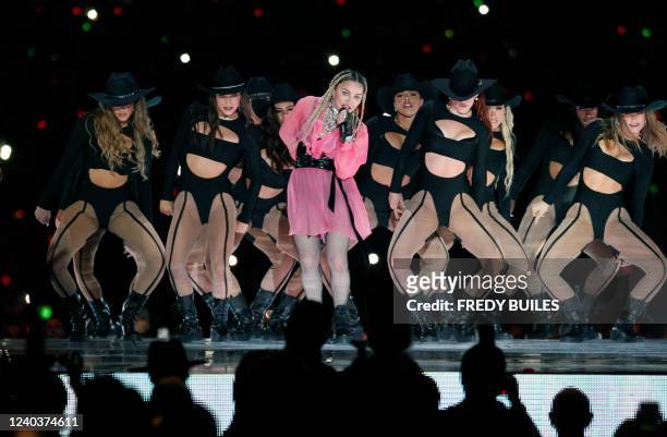 Pop icon Madonna performs on stage with Colombian singer Maluma during his concert "Medallo in the Map", in Medellin, Colombia, on April 30, 2022.