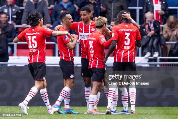 Cody Gakpo of PSV scores the 2-0 celebrating his goal 2-0 during the Dutch Eredivisie match between PSV Eindhoven and Willem II at Philips Stadion on...