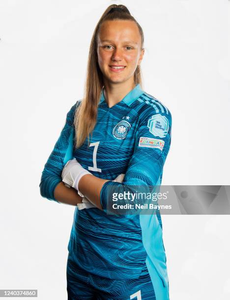 Eve Boettcher of the German National U17 Girls Soccer Team poses during a portrait photoshoot on April 28, 2022 at the Hyatt Place Frankfurt Airport...