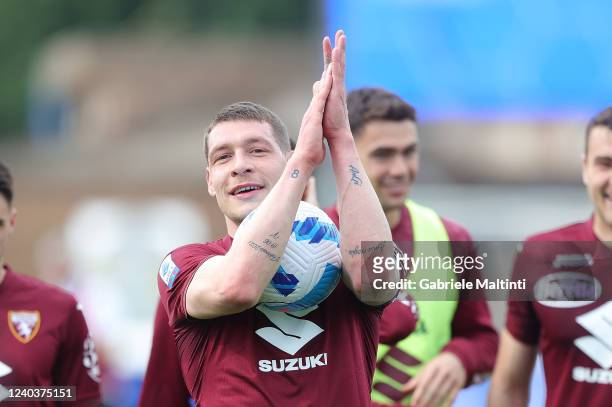 Andrea Belotti of Torino FC celebrates the victory after the Serie A match between Empoli FC and Torino FC at Stadio Carlo Castellani on May 1, 2022...