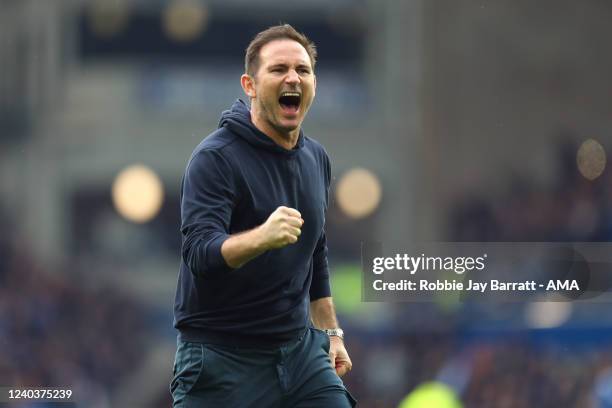 Frank Lampard the head coach / manager of Everton celebrates at full time during the Premier League match between Everton and Chelsea at Goodison...