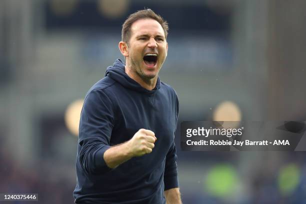 Frank Lampard the head coach / manager of Everton celebrates at full time during the Premier League match between Everton and Chelsea at Goodison...