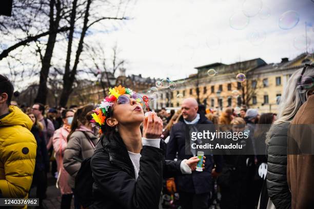 People gather during celebrations for Vappu holiday and Workers day in Helsinki, Finland on April 30, 2022. Finland starts celebration for workers...