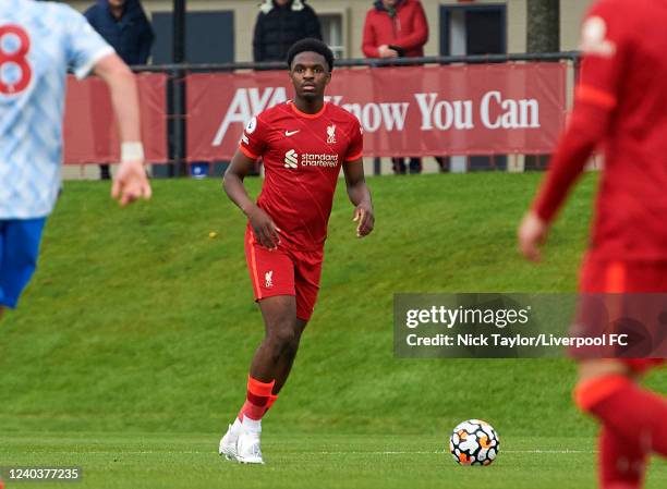 Billy Koumetio of Liverpool in action at AXA Training Centre on May 1, 2022 in Kirkby, England.