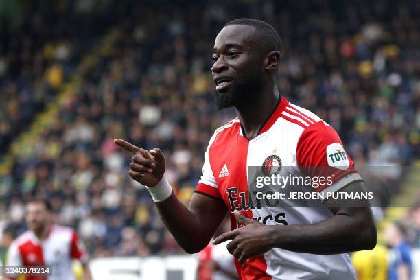 Feyenoord Dutch defender Lutsharel Geertruida celebrates a goal during the Dutch Eredivisie match between Fortuna Sittard and Feyenoord at the...