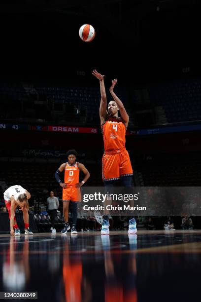 Stephanie Jones of the Connecticut Sun shoots a free throw during the preseason game against the Atlanta Dream on May 1, 2022 at the Mohegan Sun...