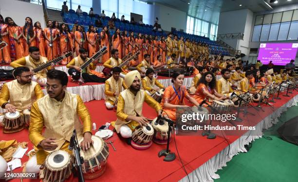 Students performing classical music during the centenary celebration function at Delhi University, on May 1, 2022 in New Delhi, India. Speaking at...